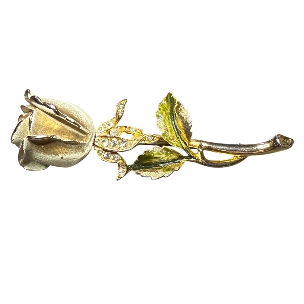 Vintage Rose Brooch Rhinestone‎ Floral Pin Gold Tone Flower Jewelry